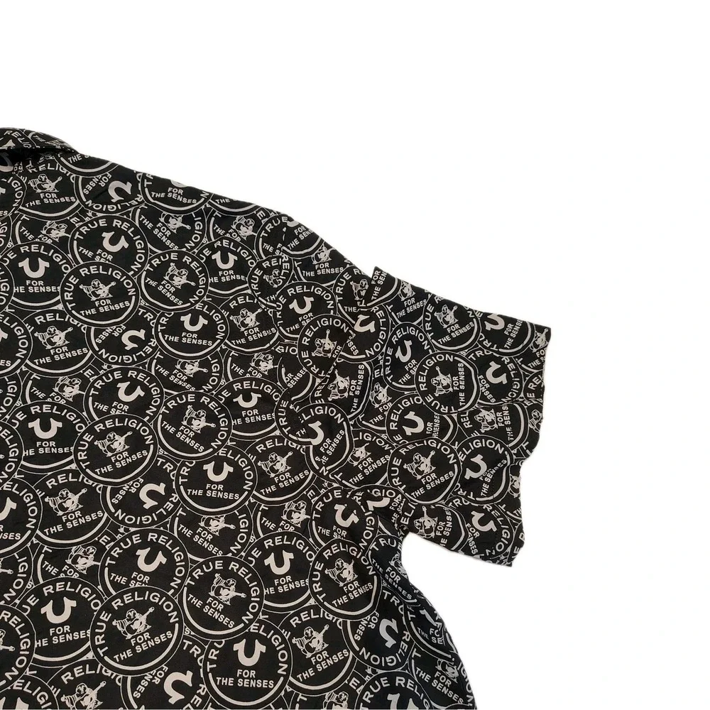 True Religion AOP Resort‎ Shirt Size M Jet Black All Over Logo NWT Mens A1